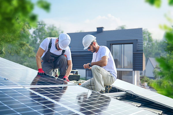 Dwóch techników w kaskach ochronnych montuje panele fotowoltaiczne na dachu nowoczesnego domu w słoneczny dzień.