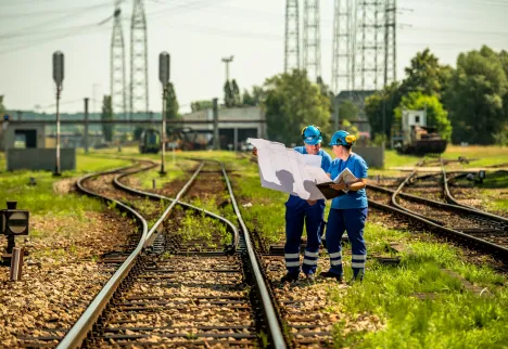 Pracownicy na tle torów
