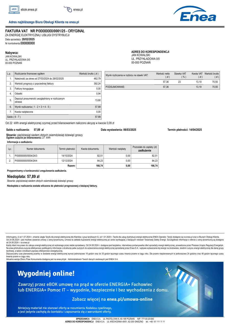 Faktura prosumenta z rozliczeniem net-billing wzór