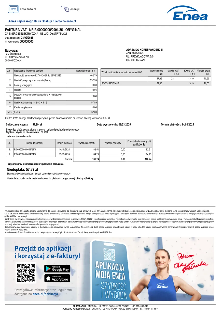 Faktura prosumenta z rozliczeniem net-billing wzór