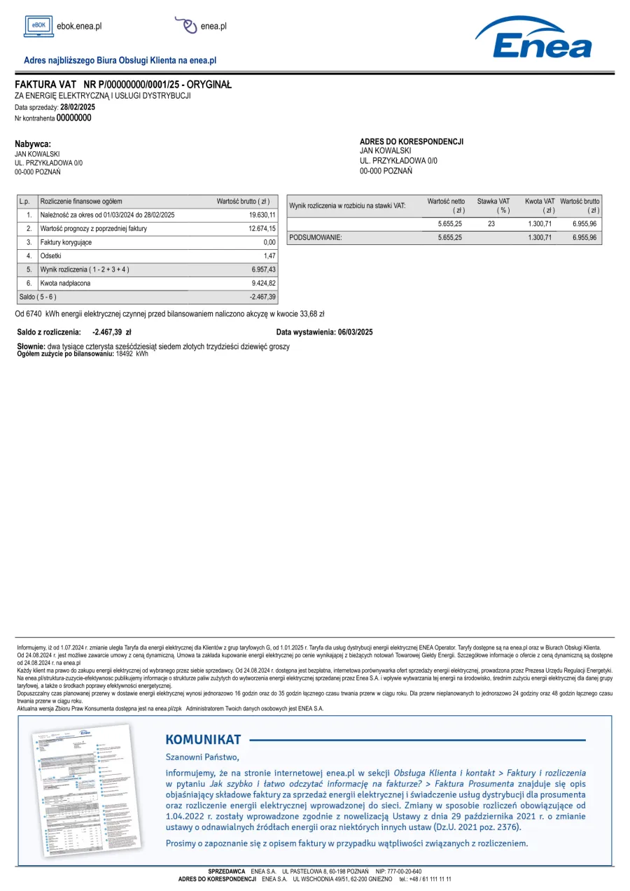 Faktura prosumenta z rozliczeniem net-metering wzór