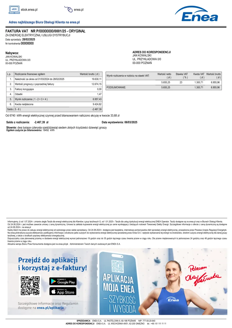 Faktura prosumenta z rozliczeniem net-metering wzór