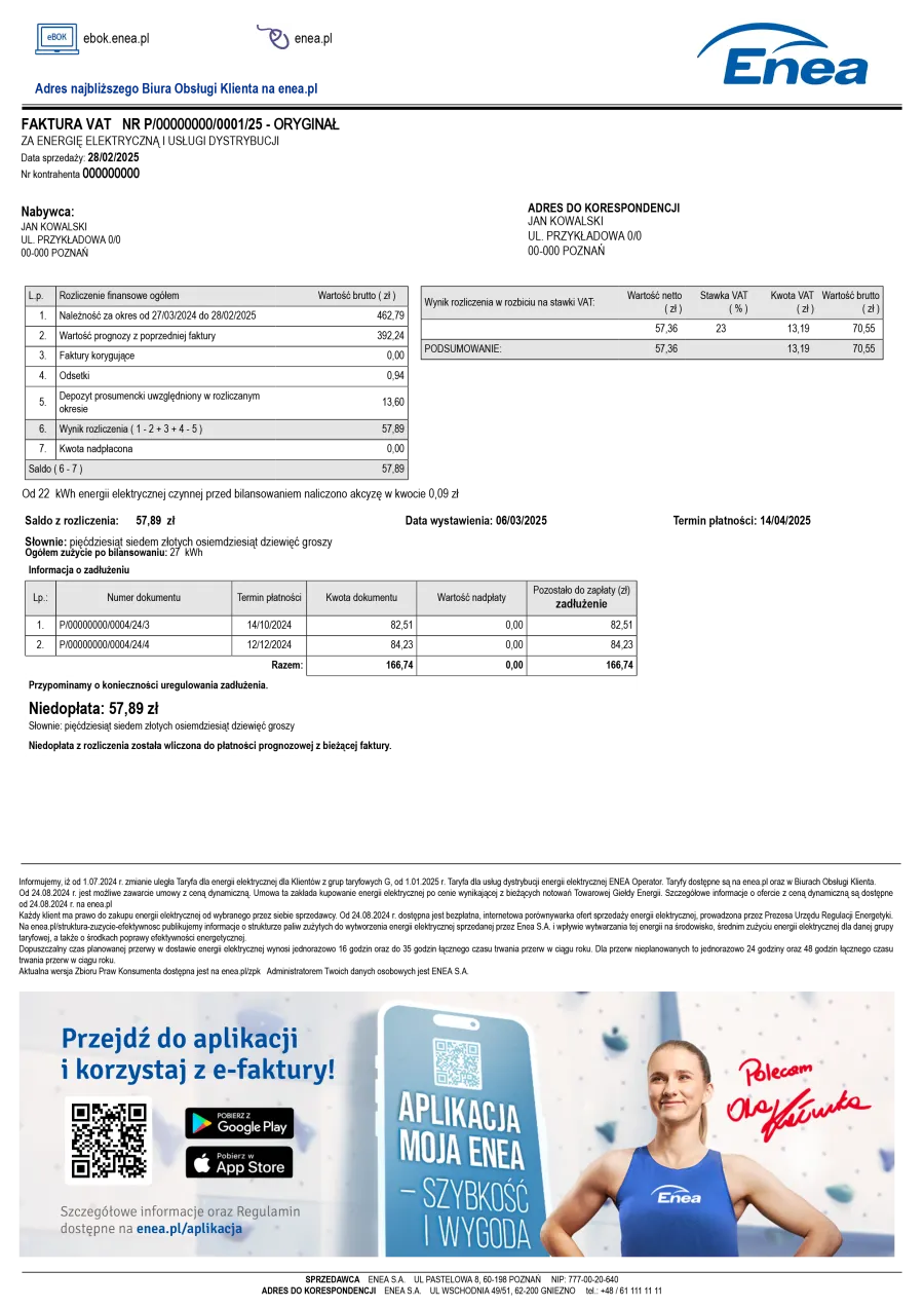 Faktura prosumenta z rozliczeniem net-billing wzór