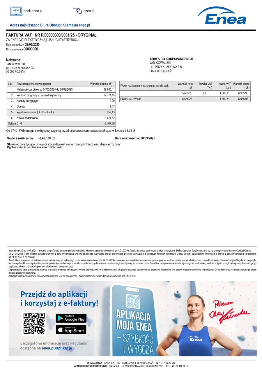 Faktura prosumenta z rozliczeniem net-metering wzór