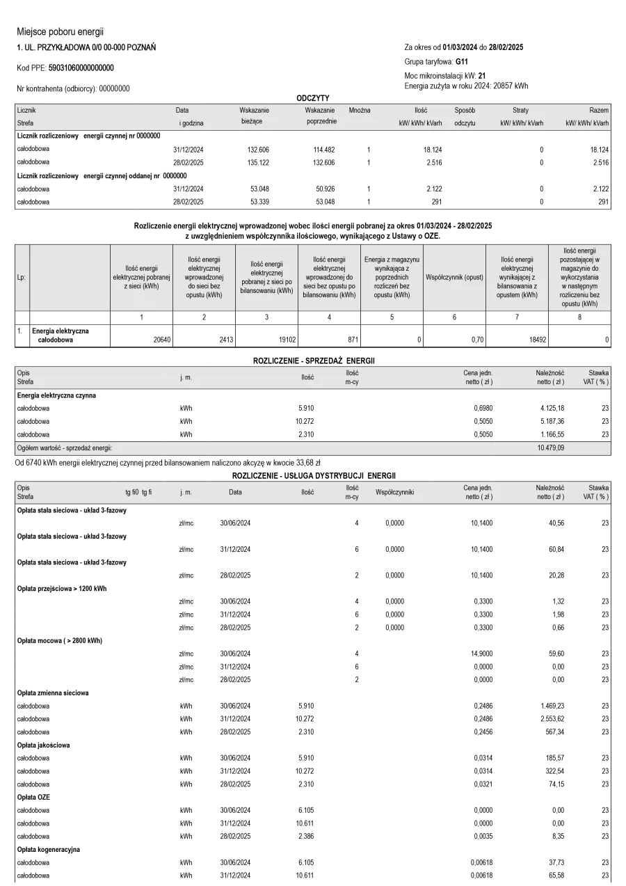 Faktura prosumenta z rozliczeniem net-metering wzór