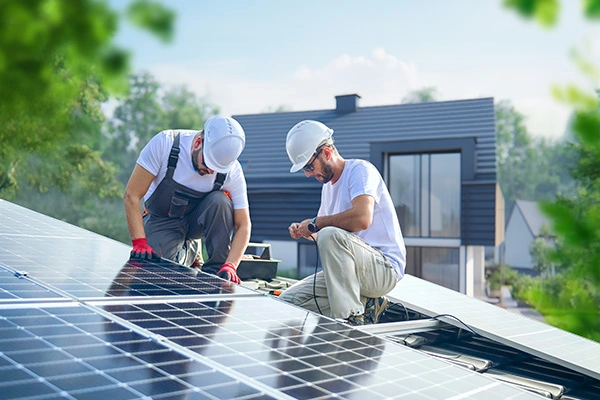 Dwóch techników w kaskach ochronnych montuje panele fotowoltaiczne na dachu nowoczesnego domu w słoneczny dzień.